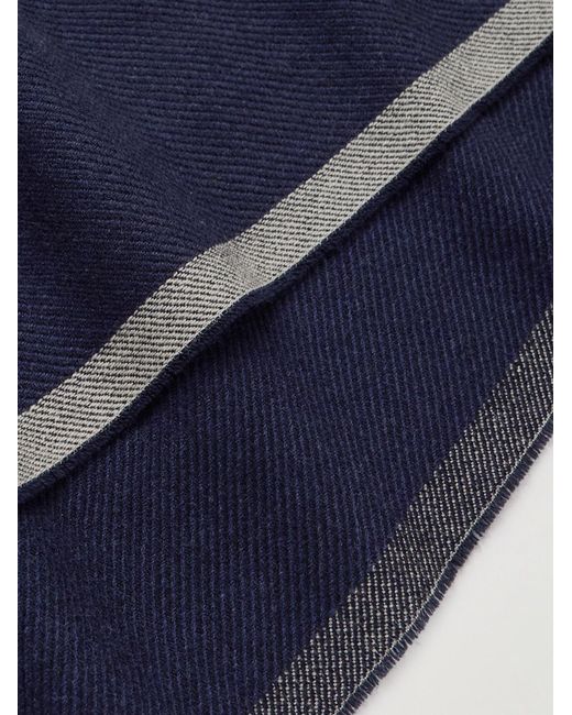Brunello Cucinelli Blue Fringed Striped Wool And Cashmere-Blend Scarf for men