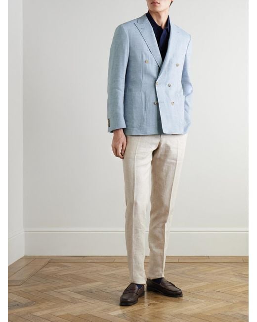 Canali Blue Kei Unstructured Double-Breasted Linen And Wool-Blend Blazer for men