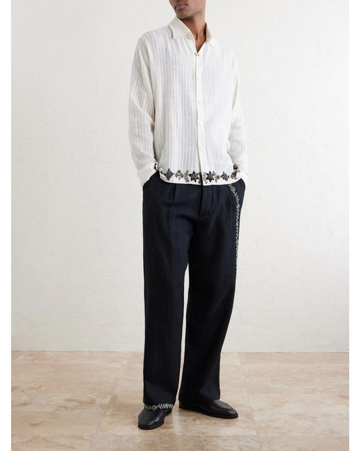 Kartik Research Blue Straight-leg Pleated Embroidered Wool Trousers for men