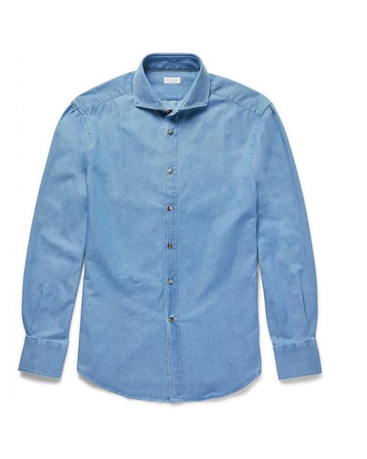 Brunello Cucinelli Slim-fit Cutaway-collar Washed-denim Shirt in
