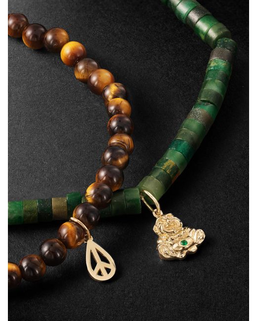 Sydney Evan Black Set Of Two Mini Buddha And Peace 14-karat Gold And Emerald Beaded Bracelets for men