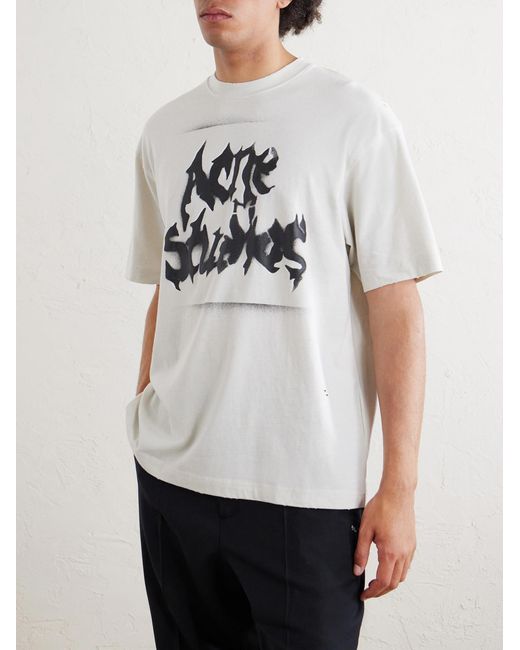 Acne White Logo-Print Distressed Cotton-Blend Jersey T-Shirt for men