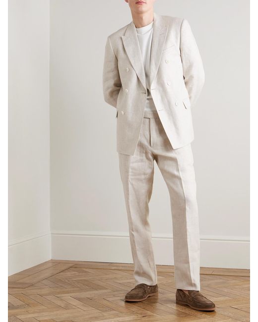Mr P. Natural Double-Breasted Houndstooth Linen Suit Jacket for men