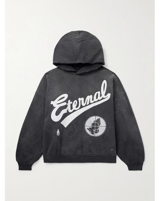 SAINT Mxxxxxx Black Fear Of God Distressed Logo-Print Cotton-Jersey Hoodie for men