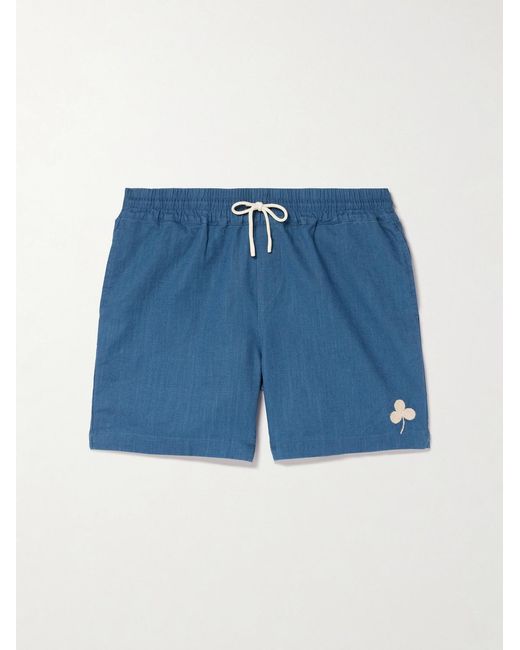 Portuguese Flannel Blue Straight-Leg Embroidered Ramie Drawstring Shorts for men