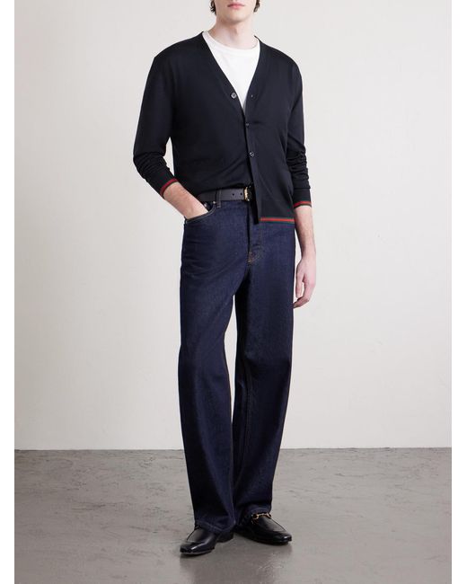 Gucci Blue Webbing-Trimmed Wool Cardigan for men