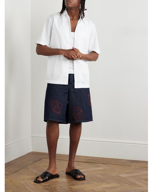 Dries Van Noten Blue Straight-Leg Embroidered Denim Bermuda Shorts for men