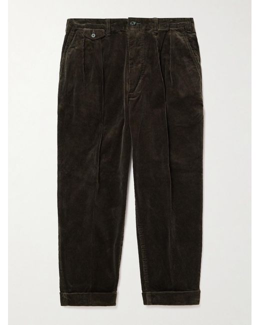 Beams Plus Black Cropped Pleated Cotton-Corduroy Trousers for men