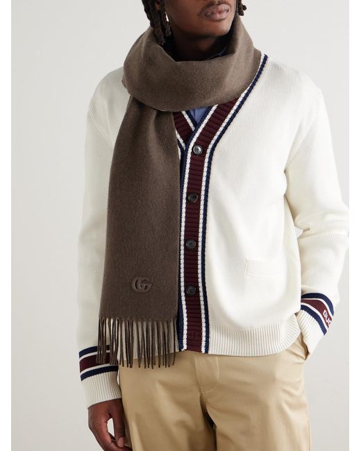 Gucci Brown Fringed Logo-Appliquéd Leather-Trimmed Cashmere Scarf for men