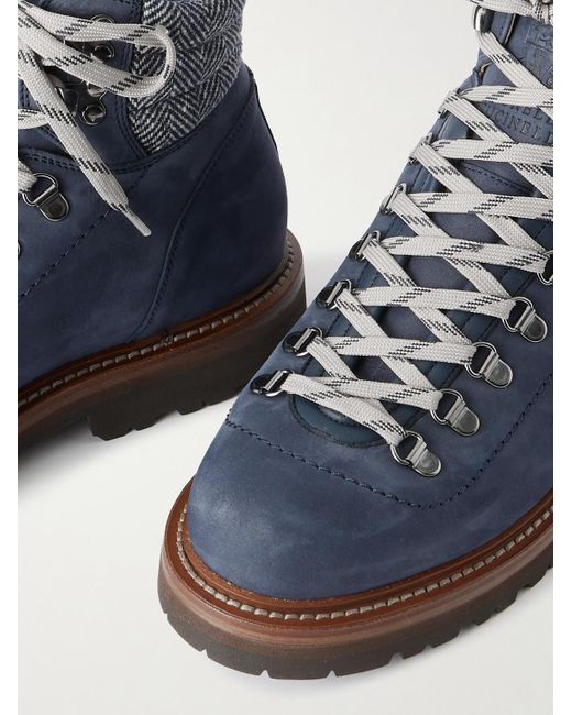 Brunello Cucinelli Blue Flannel-Trimmed Nubuck Boots for men