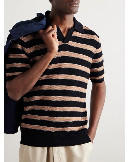 Mr P. Blue Striped Ribbed Merino Wool Polo Shirt for men