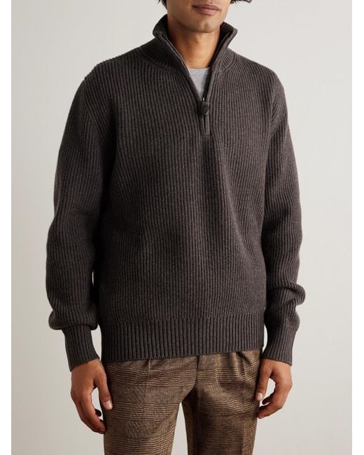 James Purdey & Sons Gray Clifford Ribbed Wool And Cashmere-Blend Half-Zip Sweater for men