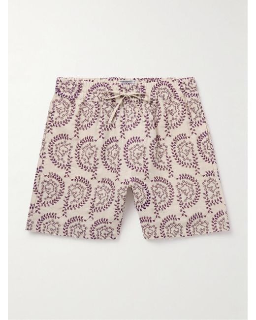 Portuguese Flannel White Nature Straight-leg Embroidered Linen Drawstring Shorts for men