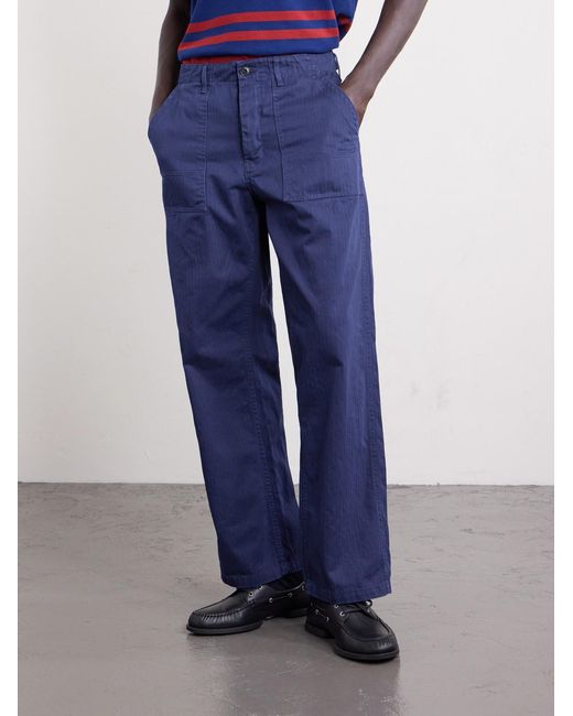 Nudie Jeans Blue Tuff Tony Straight-Leg Herringbone Cotton Trousers for men