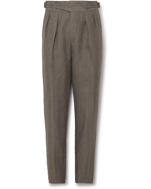 Rubinacci Gray Manny Tapered Pleated Linen Trousers for men