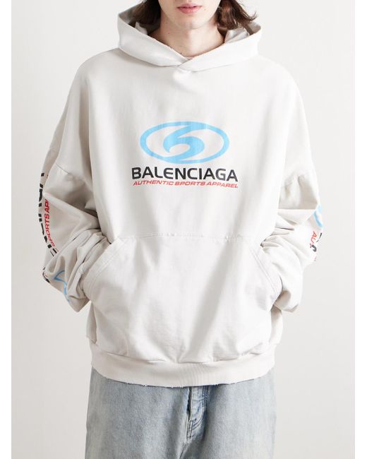 Balenciaga White Oversized Logo-print Distressed Cotton-jersey Hoodie for men