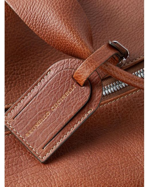 Brunello Cucinelli Brown Logo-print Full-grain Leather Duffle Bag for men