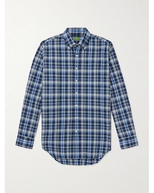 Sid Mashburn Blue Button-Down Collar Checked Cotton-Madras Shirt for men