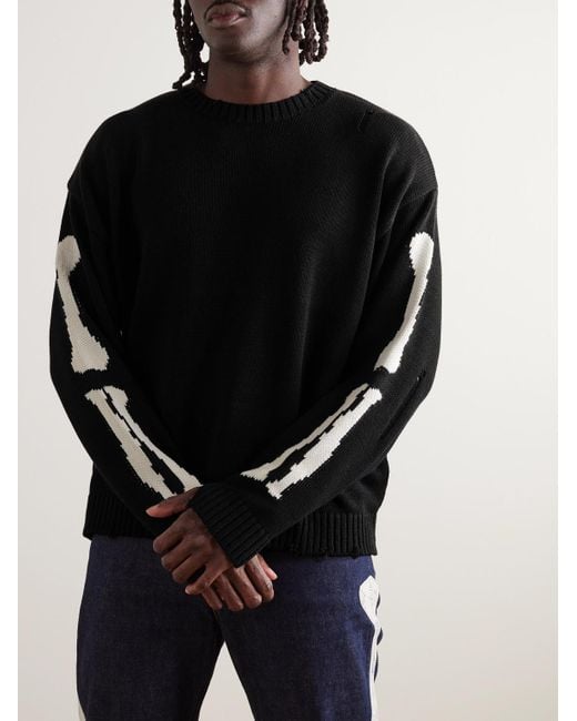 Kapital 5G Pullover aus einer Baumwollmischung in Distressed-Optik mit Intarsienmuster in Black für Herren