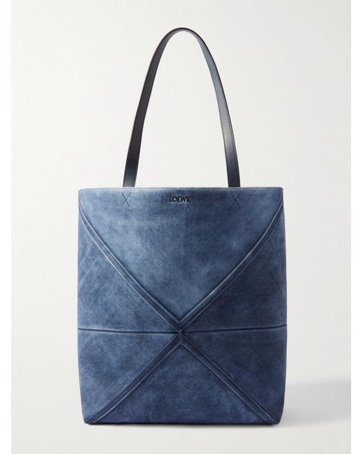 Loewe Blue Puzzle Fold Leather-trimmed Suede Tote Bag for men