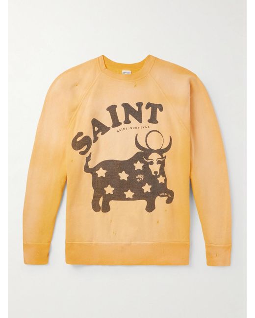 SAINT Mxxxxxx Yellow Distressed Printed Cotton-Jersey Sweatshirt for men