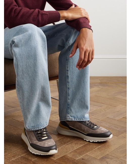 Brunello Cucinelli Brown Leather-trimmed Suede Sneakers for men
