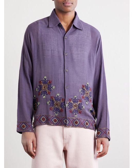 Kartik Research Purple Bead-Embellished Embroidered Cotton Shirt for men