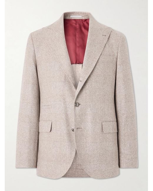 Brunello Cucinelli Natural Prince Of Wales Checked Silk, Wool And Cashmere-Blend Suit Jacket for men