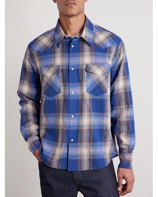 Four Corners Checked Wool And Linen-Blend Shirt di Visvim in Blue da Uomo