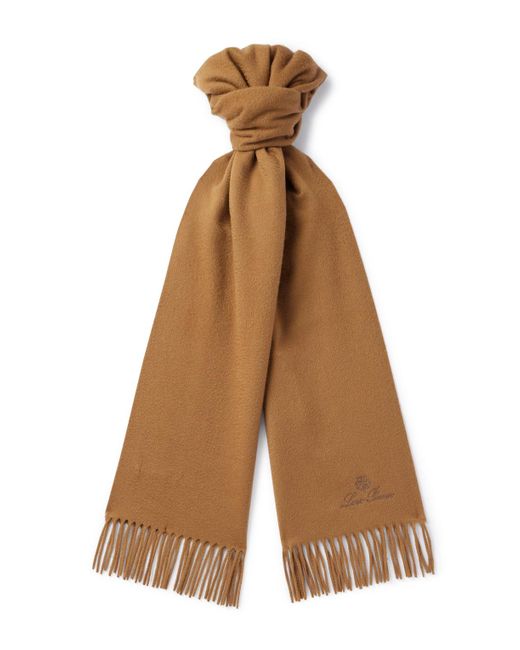Loro Piana Brown Logo-embroidered Fringed Brushed Cashmere Scarf for men