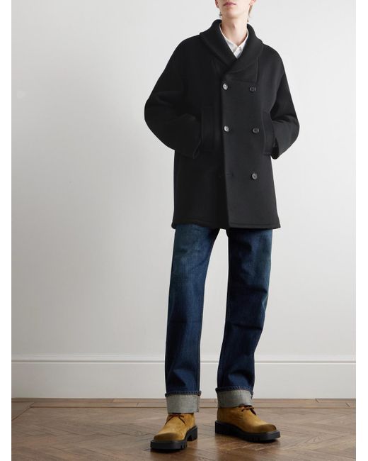 Loewe Black Double-Breasted Shawl-Collar Wool Peacoat for men