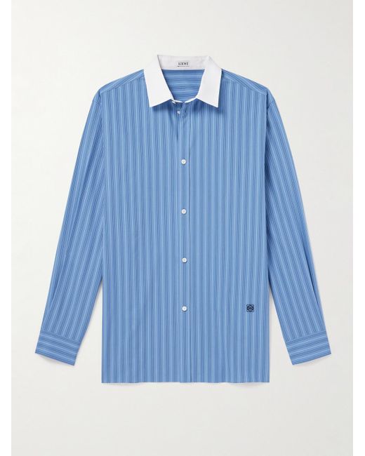 Camicia in popeline di cotone a righe con logo ricamato di Loewe in Blue da Uomo