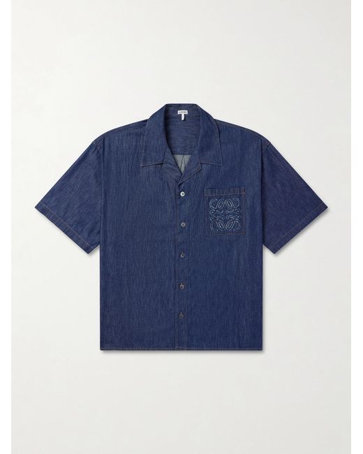 Loewe Blue Camp-Collar Anagram-Detail Denim Shirt for men