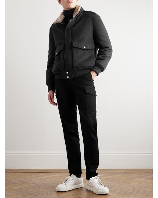 Brunello Cucinelli Black Shearling-Trimmed Cashmere Bomber Jacket for men