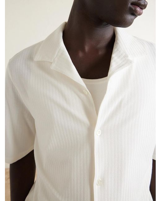 Brunello Cucinelli White Camp-collar Herringbone Cotton And Silk-blend Shirt for men