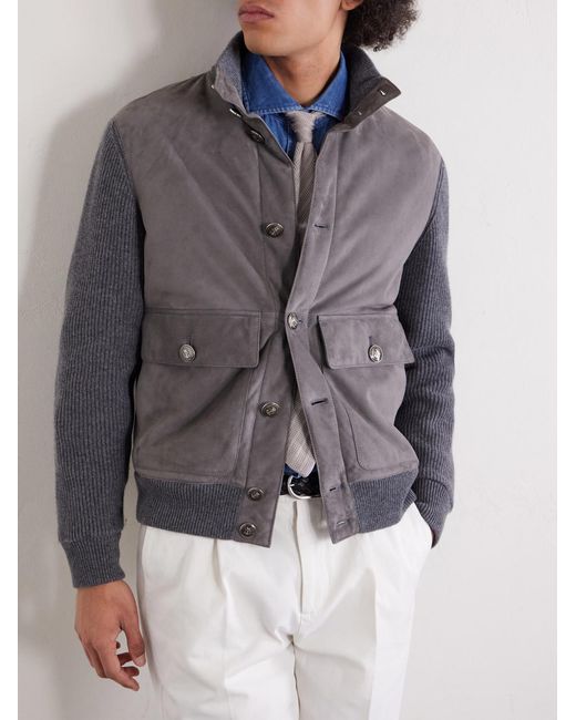 Brunello Cucinelli Gray Suede And Knitted Cashmere Jacket for men