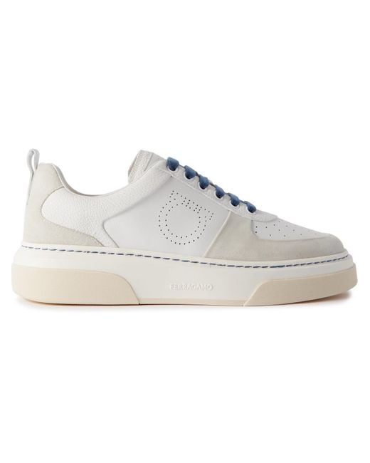 Ferragamo White Suede-trimmed Perforated Leather Sneakers for men