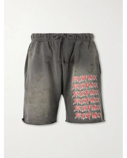 SAINT Mxxxxxx Gray Wide-Leg Logo-Print Distressed Cotton-Jersey Drawstring Shorts for men