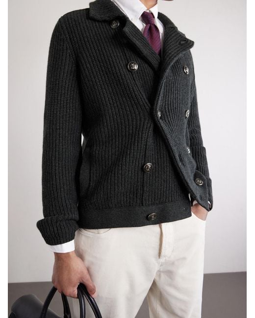 Brunello Cucinelli Black Double-Breasted Ribbed Cashmere Cardigan for men