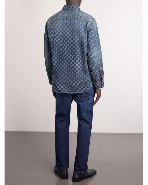 Gucci Blue Logo-Jacquard Denim Shirt for men