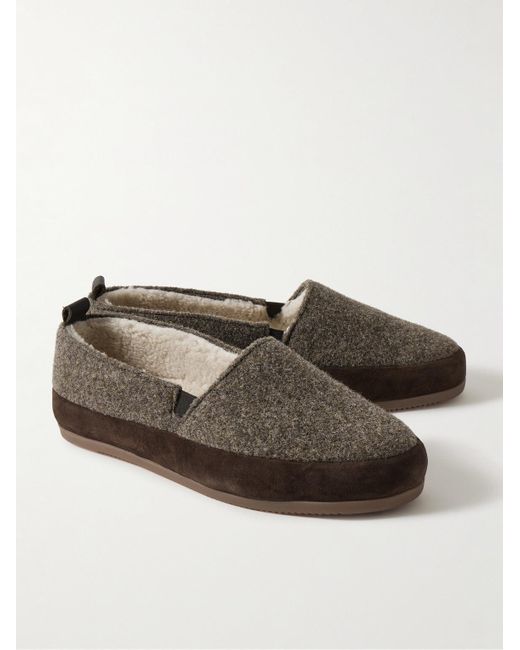 Mulo Brown Shearling-Lined Suede-Trimmed Wool Loafers for men