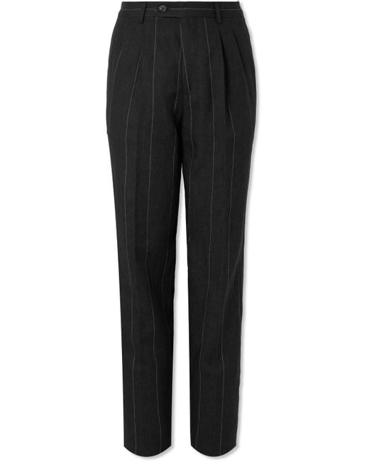 Brunello Cucinelli Black Slim-fit Pleated Pinstriped Linen Suit Trousers for men