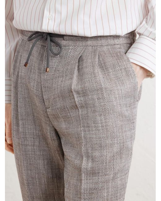 Brunello Cucinelli Gray Straight-Leg Pleated Herringbone Trousers for men