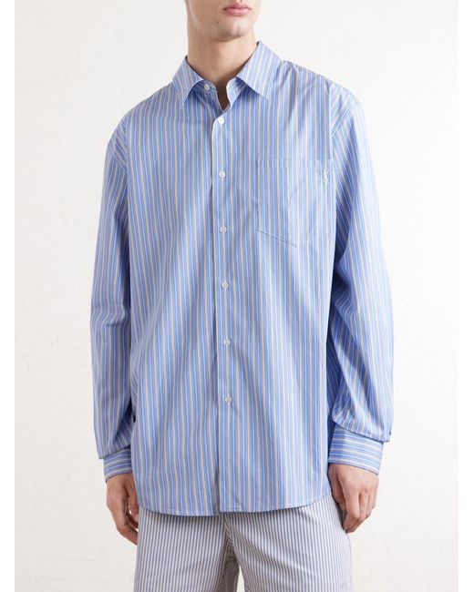Saint Laurent Blue Logo-embroidered Striped Cotton-poplin Shirt for men