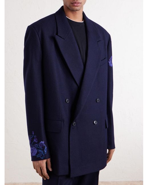 Dries Van Noten Blue Double-Breasted Embroidered Wool-Flannel Blazer for men