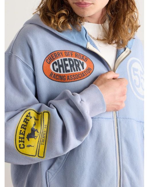 CHERRY LA Blue Off Road Logo-print Garment-dyed Cotton-jersey Zip-up Hoodie for men