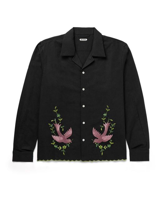 Bode Black Rosefinch Embroidered Cotton And Linen-blend Shirt for men
