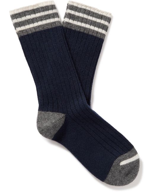 Brunello Cucinelli Blue Striped Ribbed Cashmere Socks for men