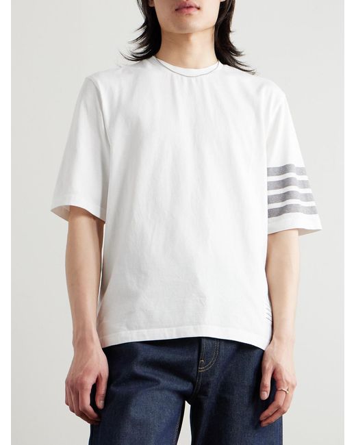 Thom Browne White Logo-Appliquéd Striped Cotton-Jersey T-Shirt for men