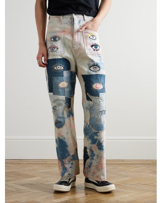 Kapital Blue Slim-Fit Patchwork Embroidered Tie-Dyed Jeans for men